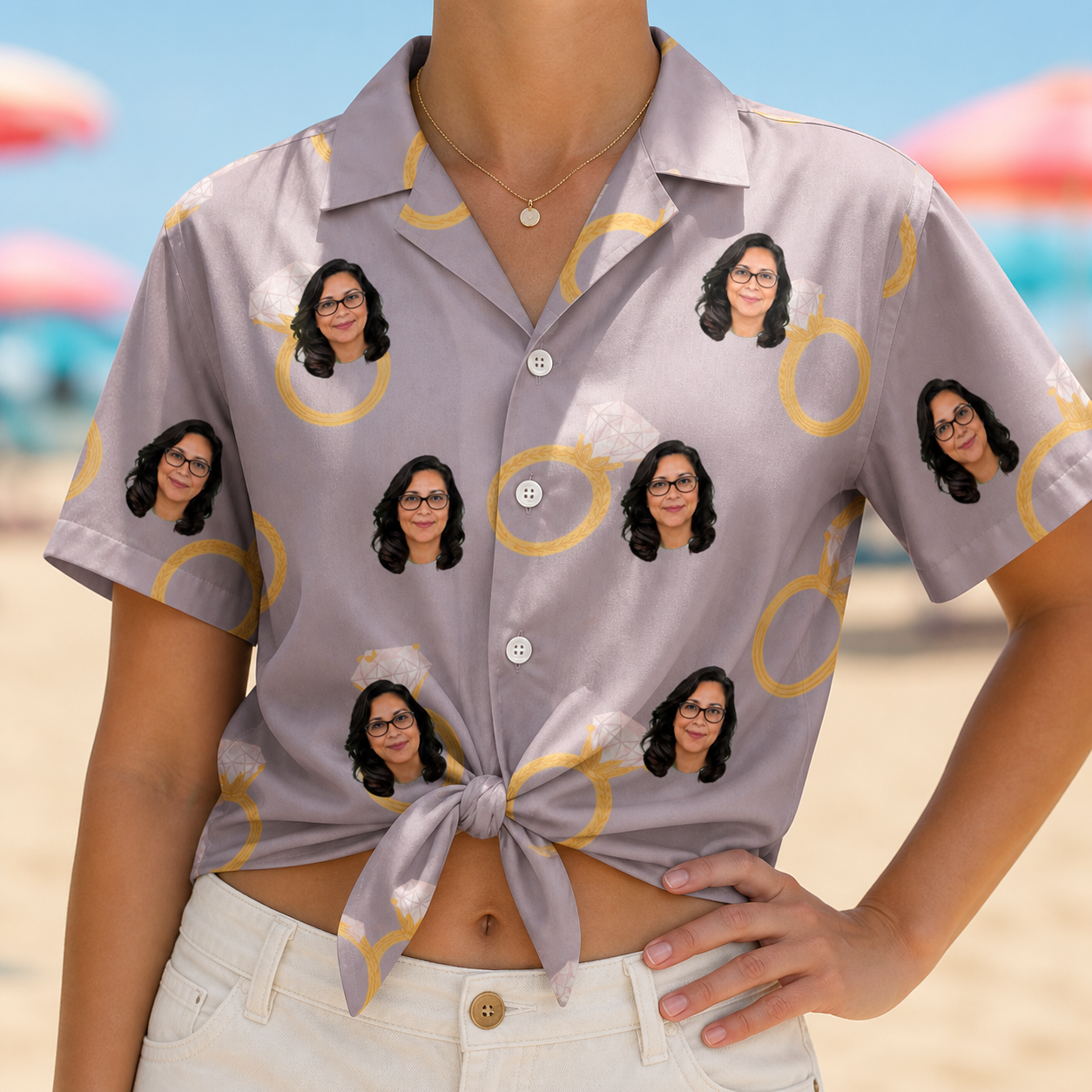 Woman wearing Women's Diamond Dares Custom Face Hawaiian Shirt tied at the waist