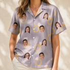 Model wearing Women's Diamond Dares Custom Face Hawaiian Shirt printed with kids' faces