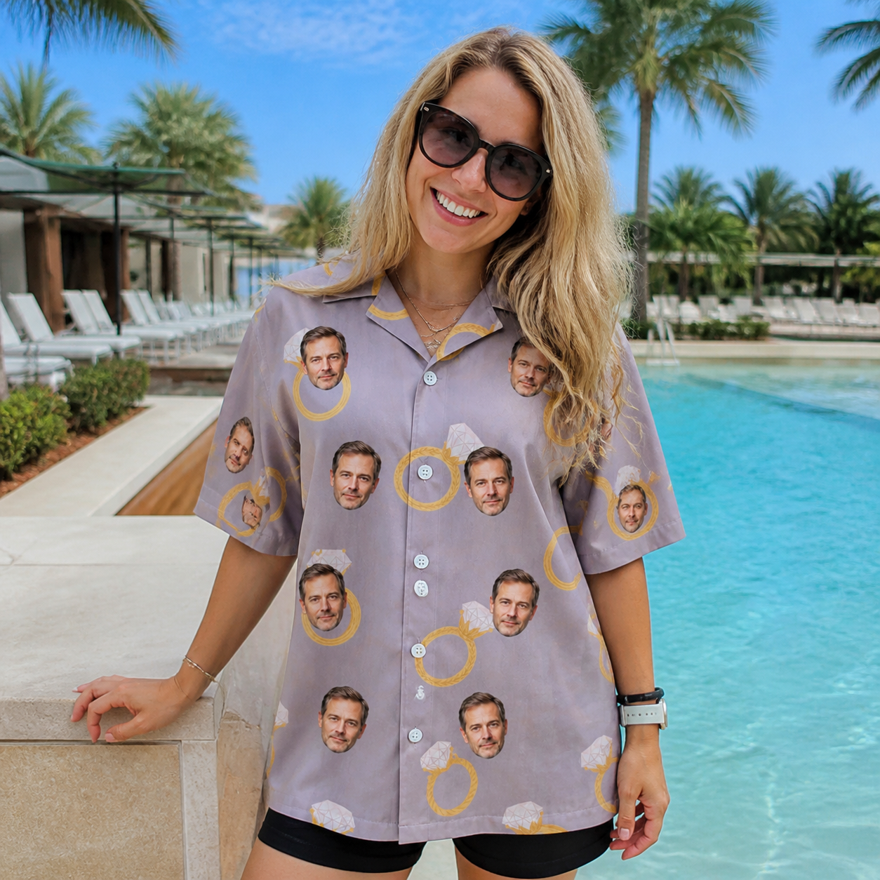 Real-life photo of someone wearing Women's Diamond Dares Custom Face Hawaiian Shirt — custom faces printed all-over