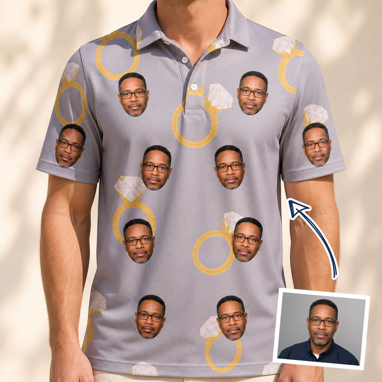 Man wearing Men's Diamond Dares Custom Face Polo Shirt — custom faces printed all-over