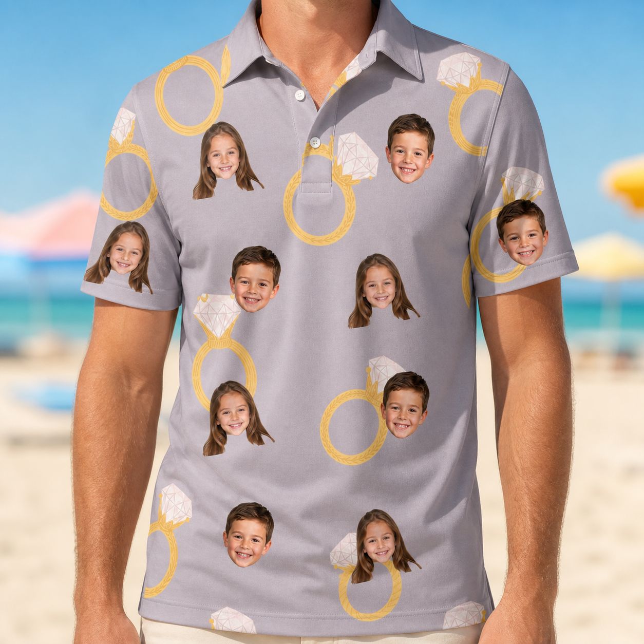 Model wearing Men's Diamond Dares Custom Face Polo Shirt printed with kids' faces