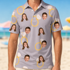 Model wearing Men's Diamond Dares Custom Face Polo Shirt printed with kids' faces