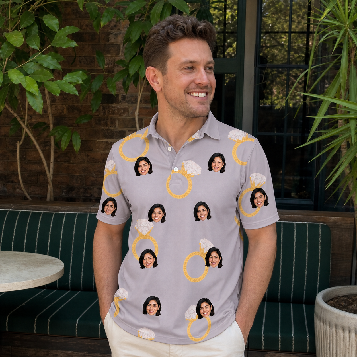 Real-life photo of someone wearing Men's Diamond Dares Custom Face Polo Shirt — custom faces printed all-over