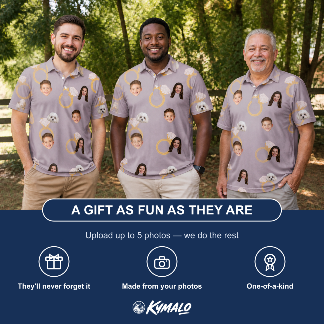 Friends in matching Men's Diamond Dares Custom Face Polo Shirt — a group gift photo