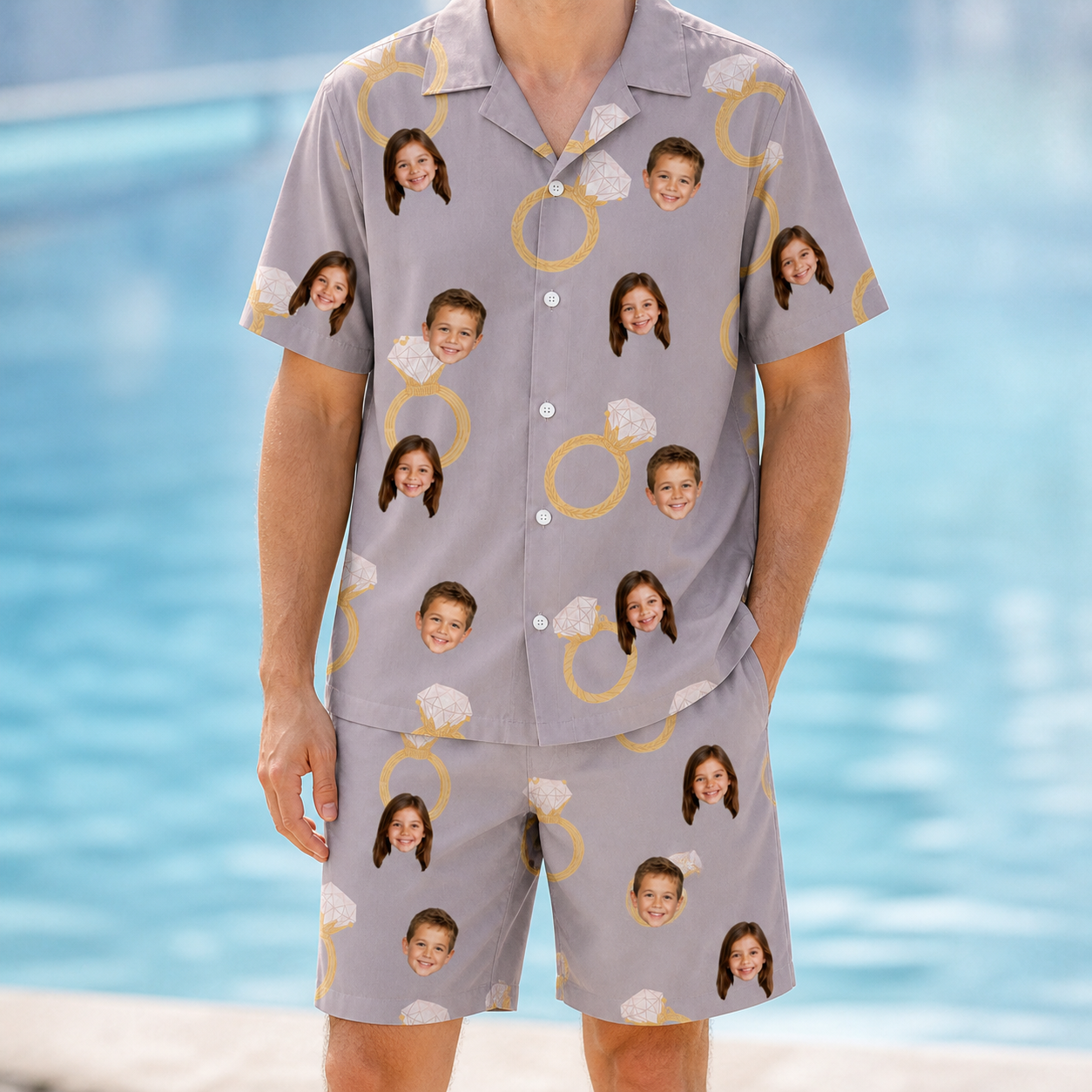 Model wearing Men's Diamond Dares Custom Face Shirt & Shorts Set printed with kids' faces