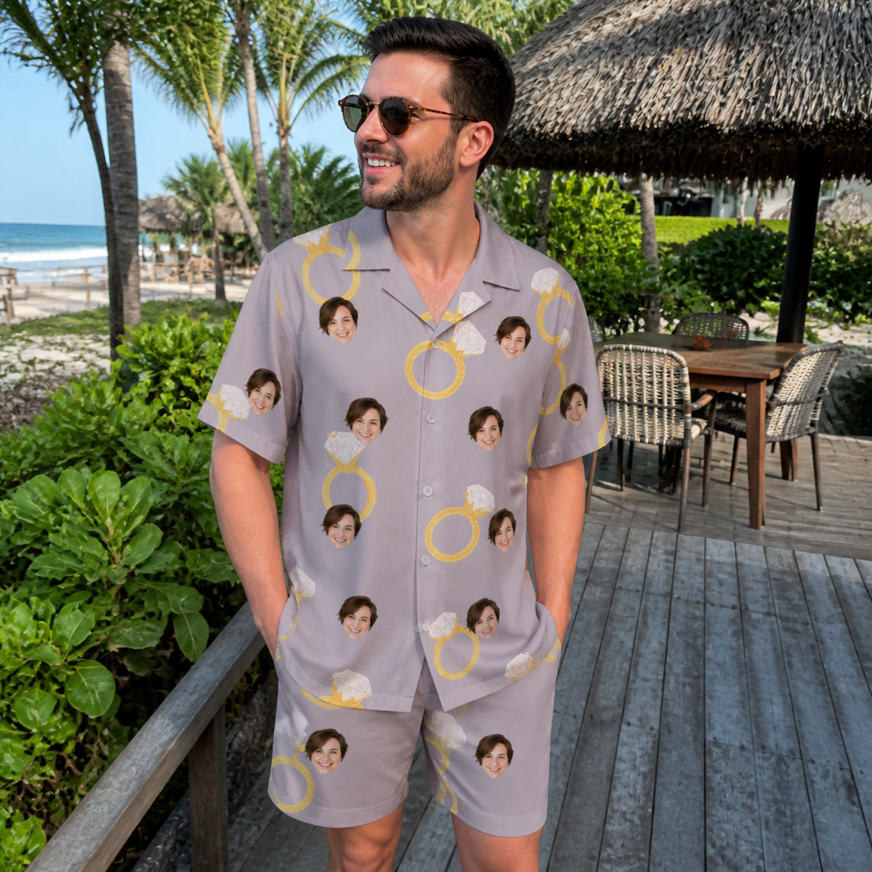 Real-life photo of someone wearing Men's Diamond Dares Custom Face Shirt & Shorts Set — custom faces printed all-over