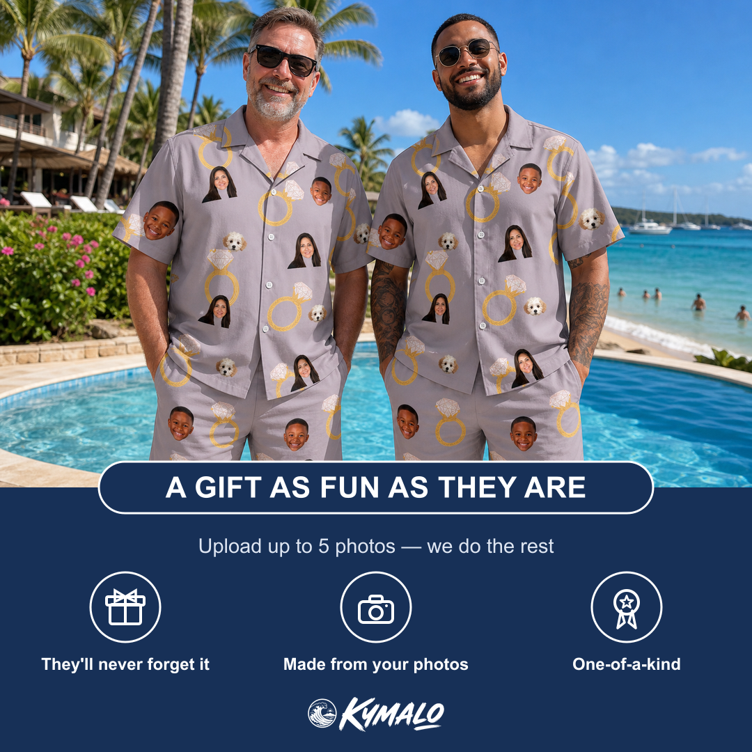 Friends in matching Men's Diamond Dares Custom Face Shirt & Shorts Set — a group gift photo