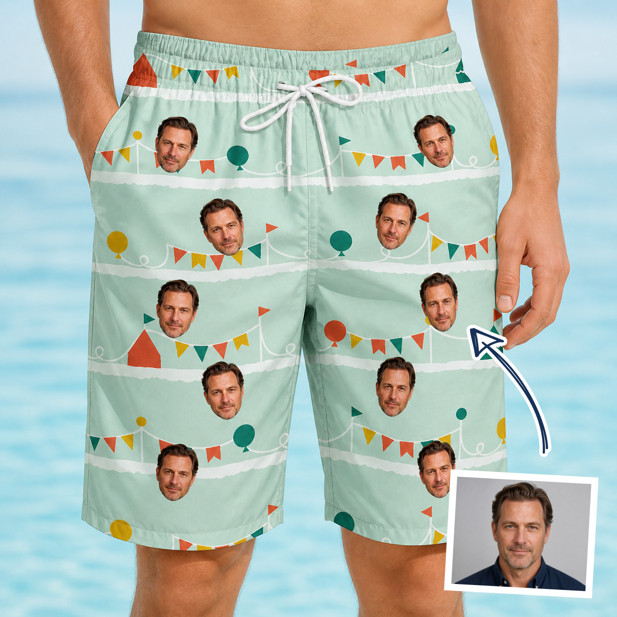 Man wearing Men's Aisle Antics Custom Face Beach Shorts — custom faces printed all-over