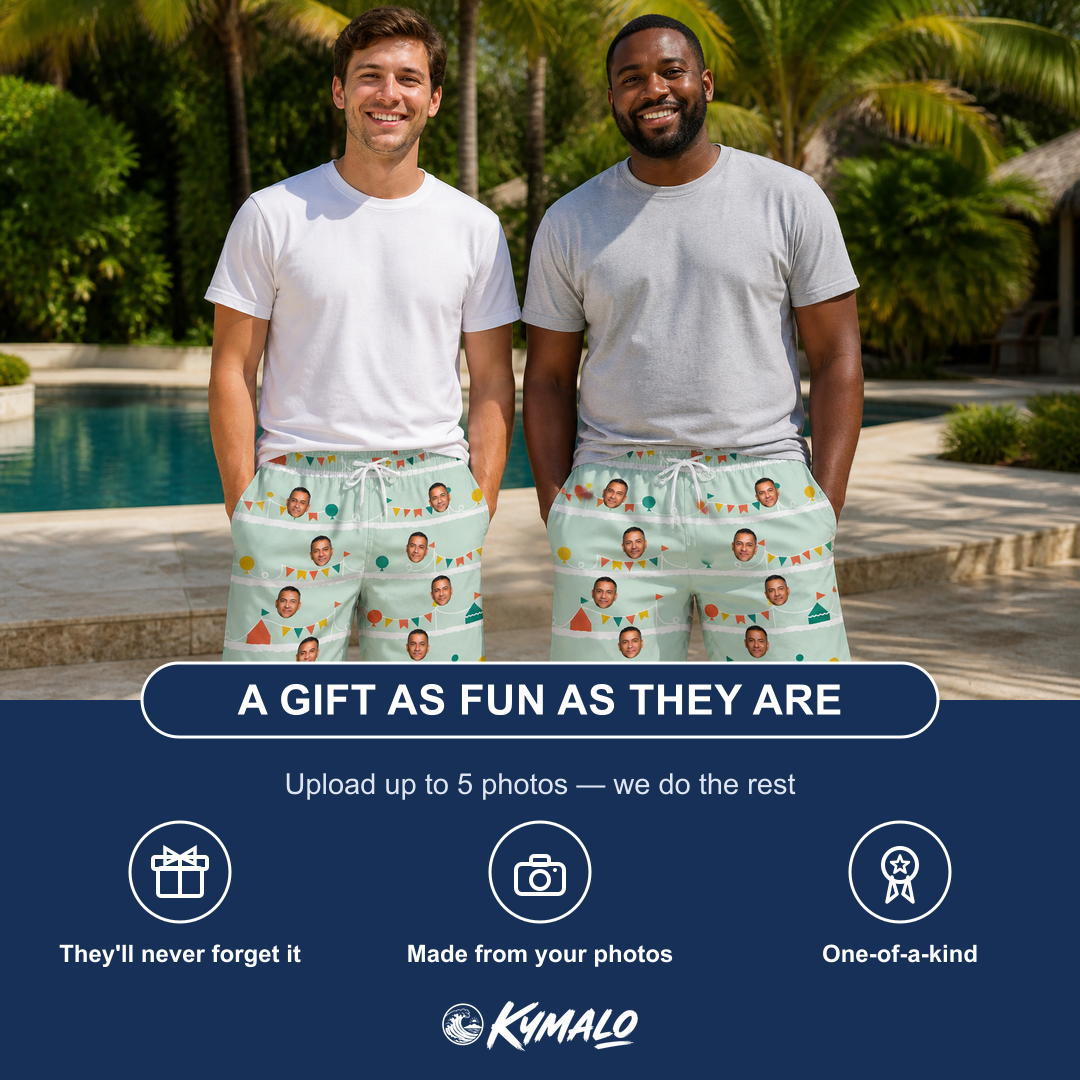 Friends in matching Men's Aisle Antics Custom Face Beach Shorts — a group gift photo