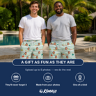 Friends in matching Men's Aisle Antics Custom Face Beach Shorts — a group gift photo