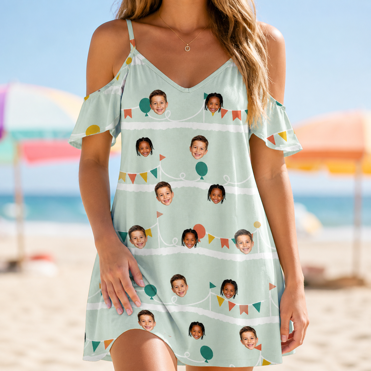 Model wearing Women's Aisle Antics Custom Face Off-Shoulder Dress printed with kids' faces