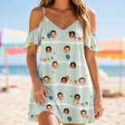 Model wearing Women's Aisle Antics Custom Face Off-Shoulder Dress printed with kids' faces