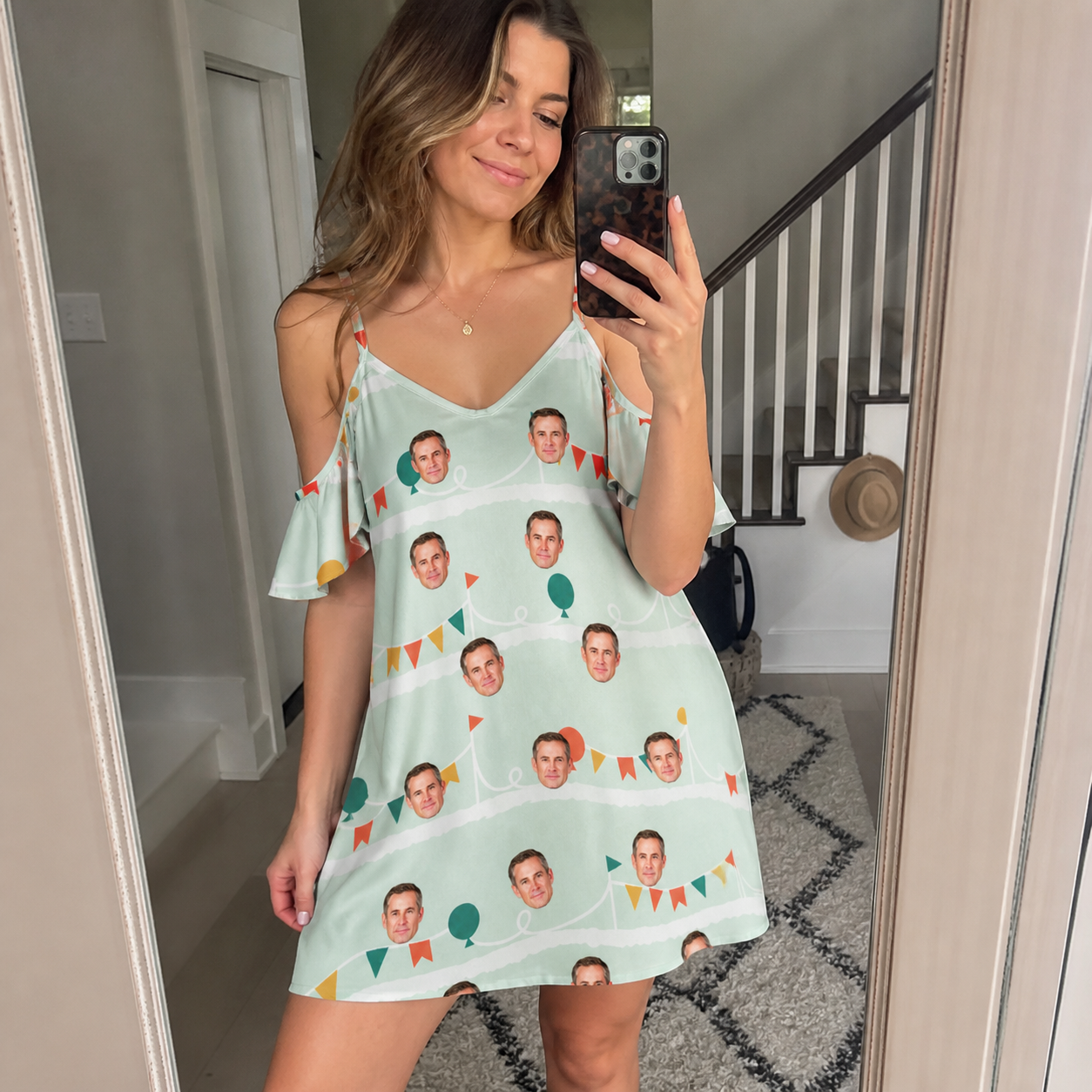 Real-life photo of someone wearing Women's Aisle Antics Custom Face Off-Shoulder Dress — custom faces printed all-over