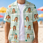 Man wearing Men's Aisle Antics Custom Face Hawaiian Shirt open over a white tee