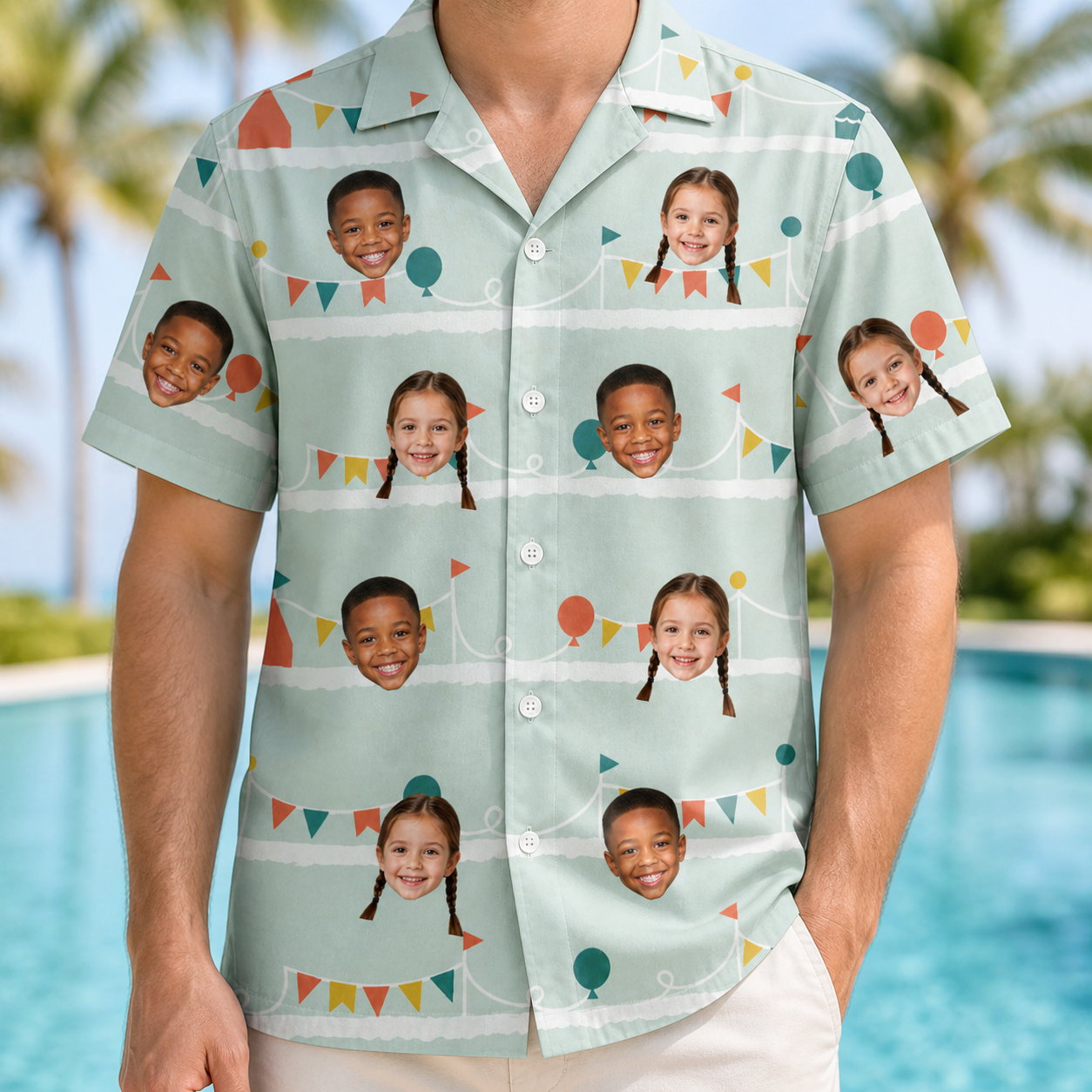 Model wearing Men's Aisle Antics Custom Face Hawaiian Shirt printed with kids' faces