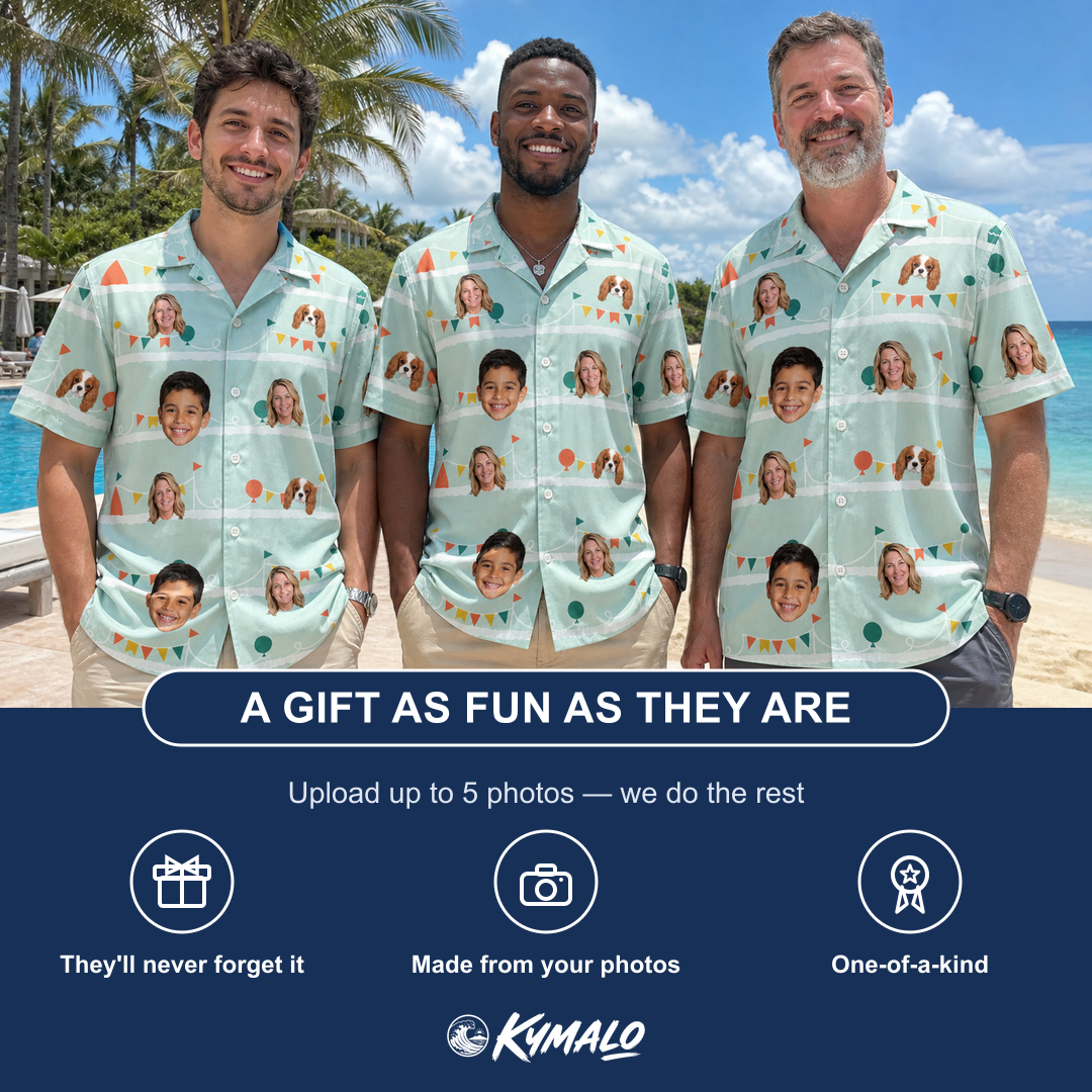 Friends in matching Men's Aisle Antics Custom Face Hawaiian Shirt — a group gift photo