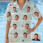 Woman wearing Women's Aisle Antics Custom Face Hawaiian Shirt — custom faces printed all-over
