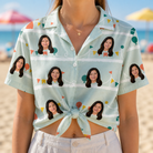 Woman wearing Women's Aisle Antics Custom Face Hawaiian Shirt tied at the waist