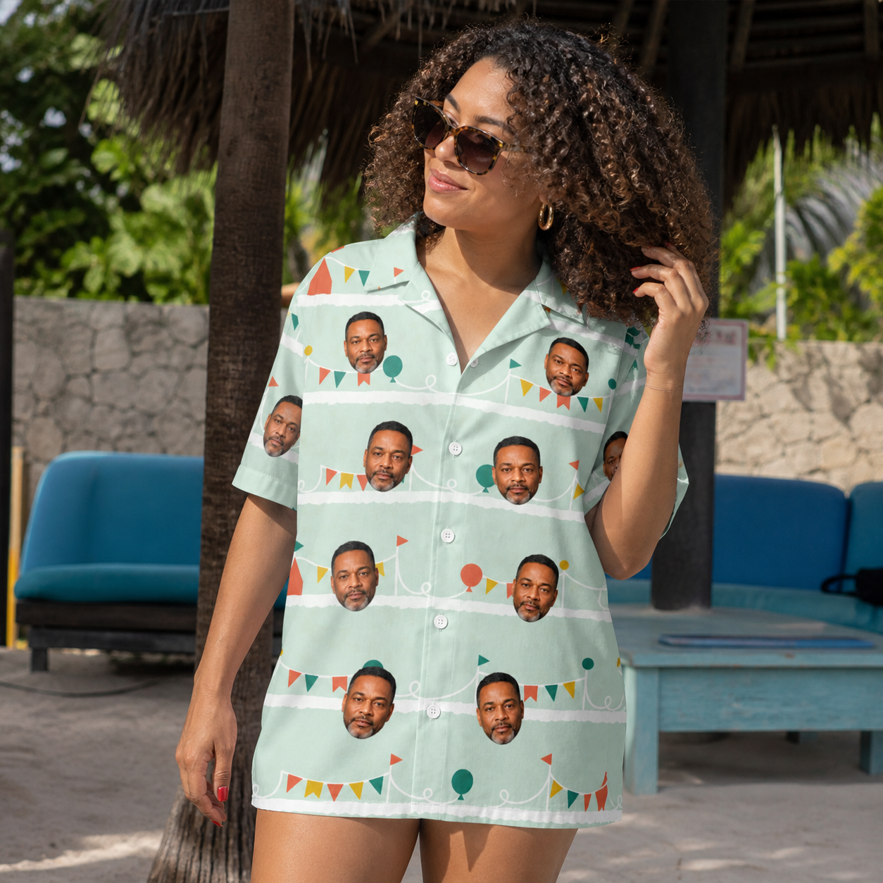 Real-life photo of someone wearing Women's Aisle Antics Custom Face Hawaiian Shirt — custom faces printed all-over