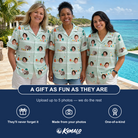 Friends in matching Women's Aisle Antics Custom Face Hawaiian Shirt — a group gift photo