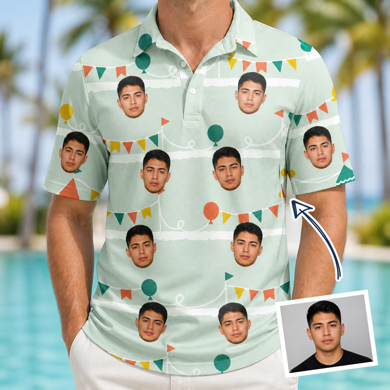 Man wearing Men's Aisle Antics Custom Face Polo Shirt — custom faces printed all-over