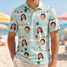 Model wearing Men's Aisle Antics Custom Face Polo Shirt printed with kids' faces