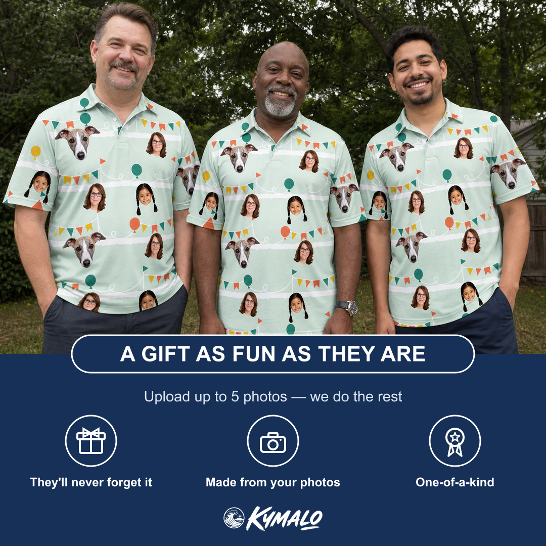 Friends in matching Men's Aisle Antics Custom Face Polo Shirt — a group gift photo