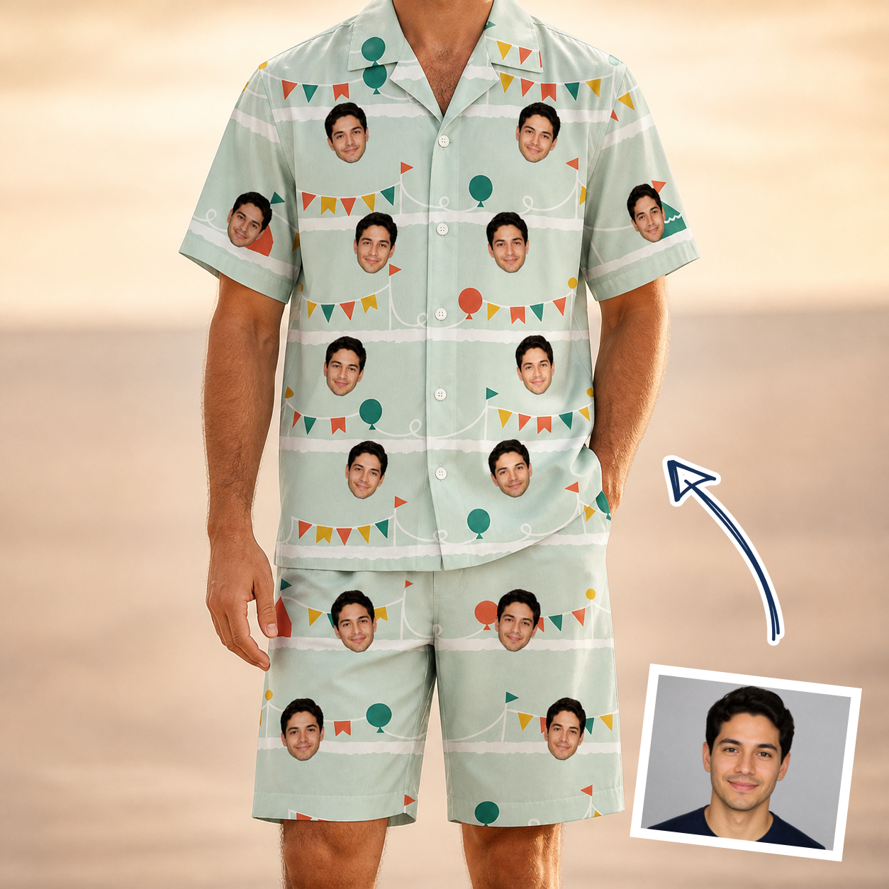 Man wearing Men's Aisle Antics Custom Face Shirt & Shorts Set — custom faces printed all-over