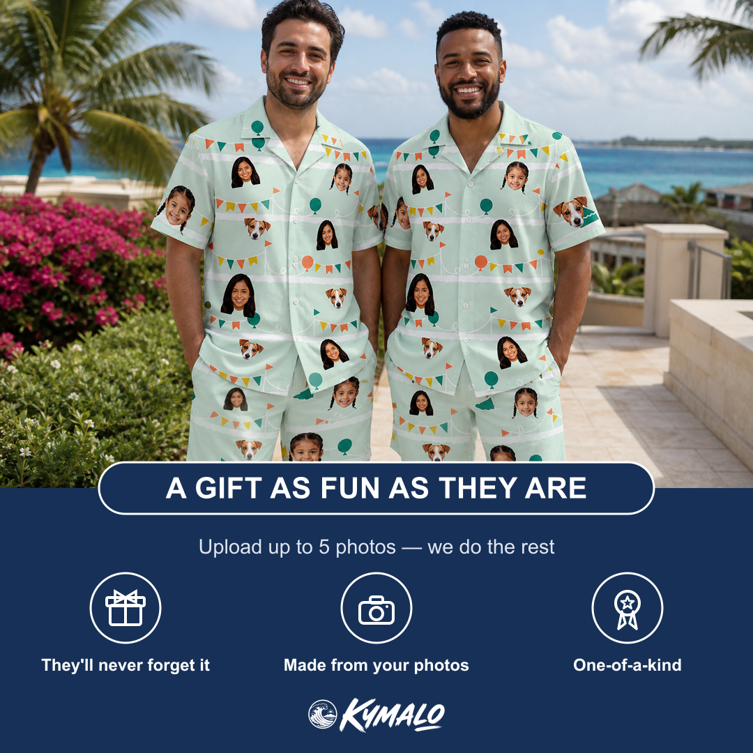 Friends in matching Men's Aisle Antics Custom Face Shirt & Shorts Set — a group gift photo