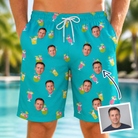 Man wearing Men's Daiquiri Darlings Custom Face Beach Shorts — custom faces printed all-over