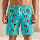 Model wearing Men's Daiquiri Darlings Custom Face Beach Shorts printed with kids' faces
