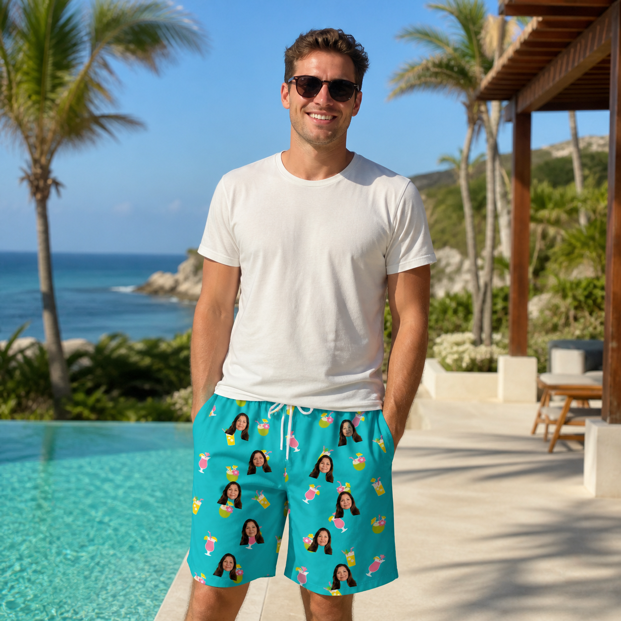 Real-life photo of someone wearing Men's Daiquiri Darlings Custom Face Beach Shorts — custom faces printed all-over