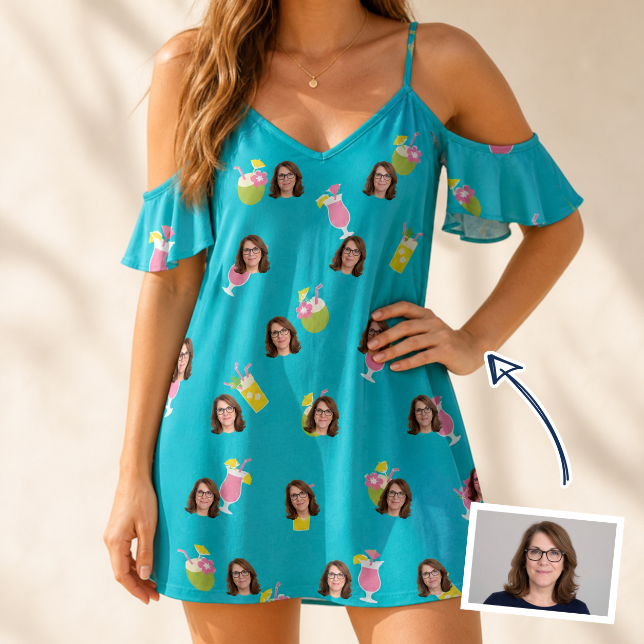 Woman wearing Women's Daiquiri Darlings Custom Face Off-Shoulder Dress — custom faces printed all-over