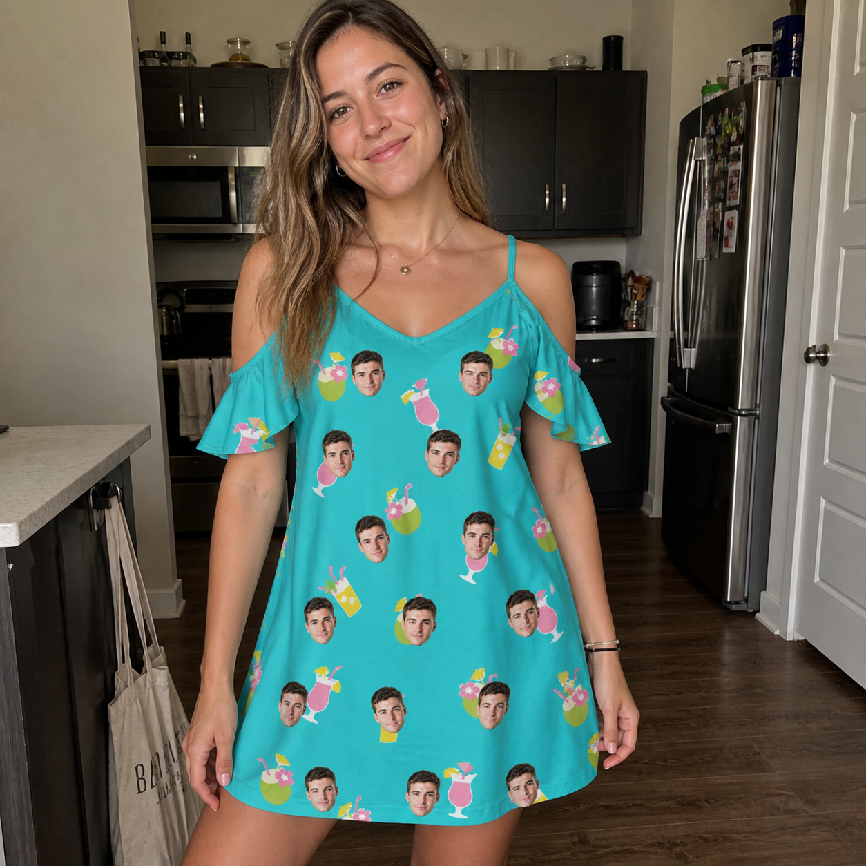 Real-life photo of someone wearing Women's Daiquiri Darlings Custom Face Off-Shoulder Dress — custom faces printed all-over