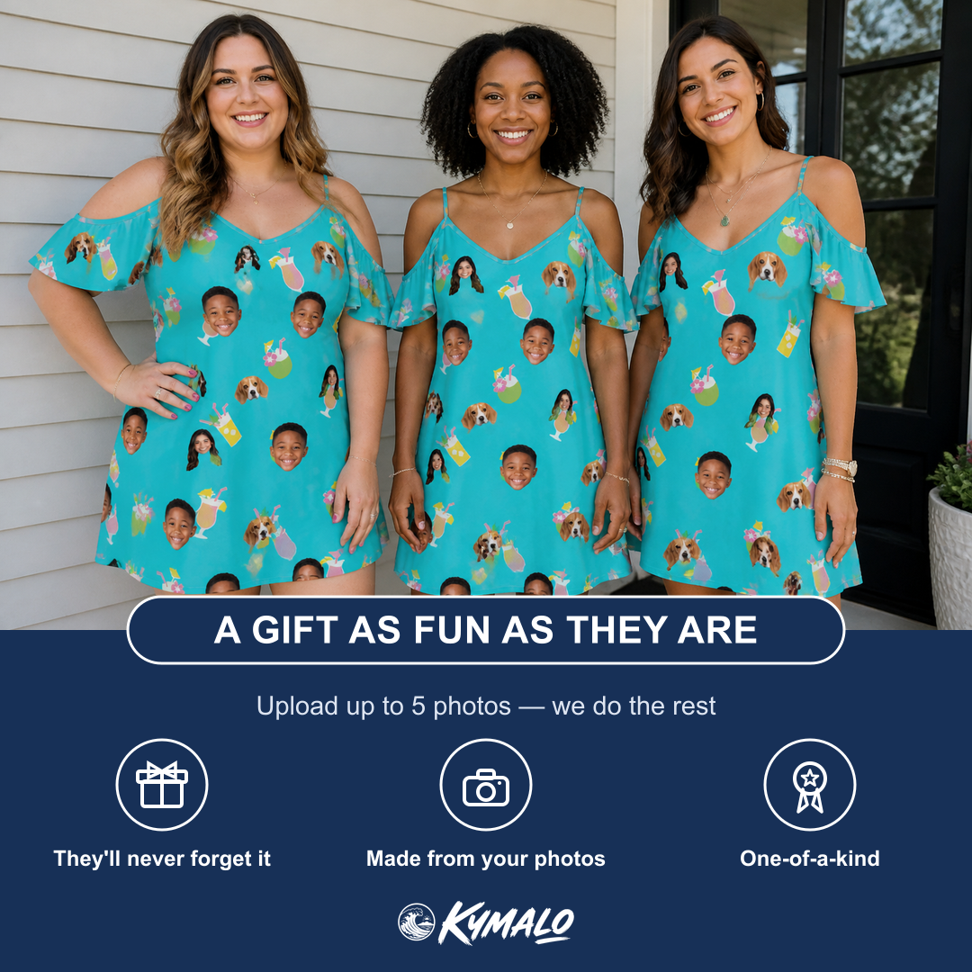Friends in matching Women's Daiquiri Darlings Custom Face Off-Shoulder Dress — a group gift photo