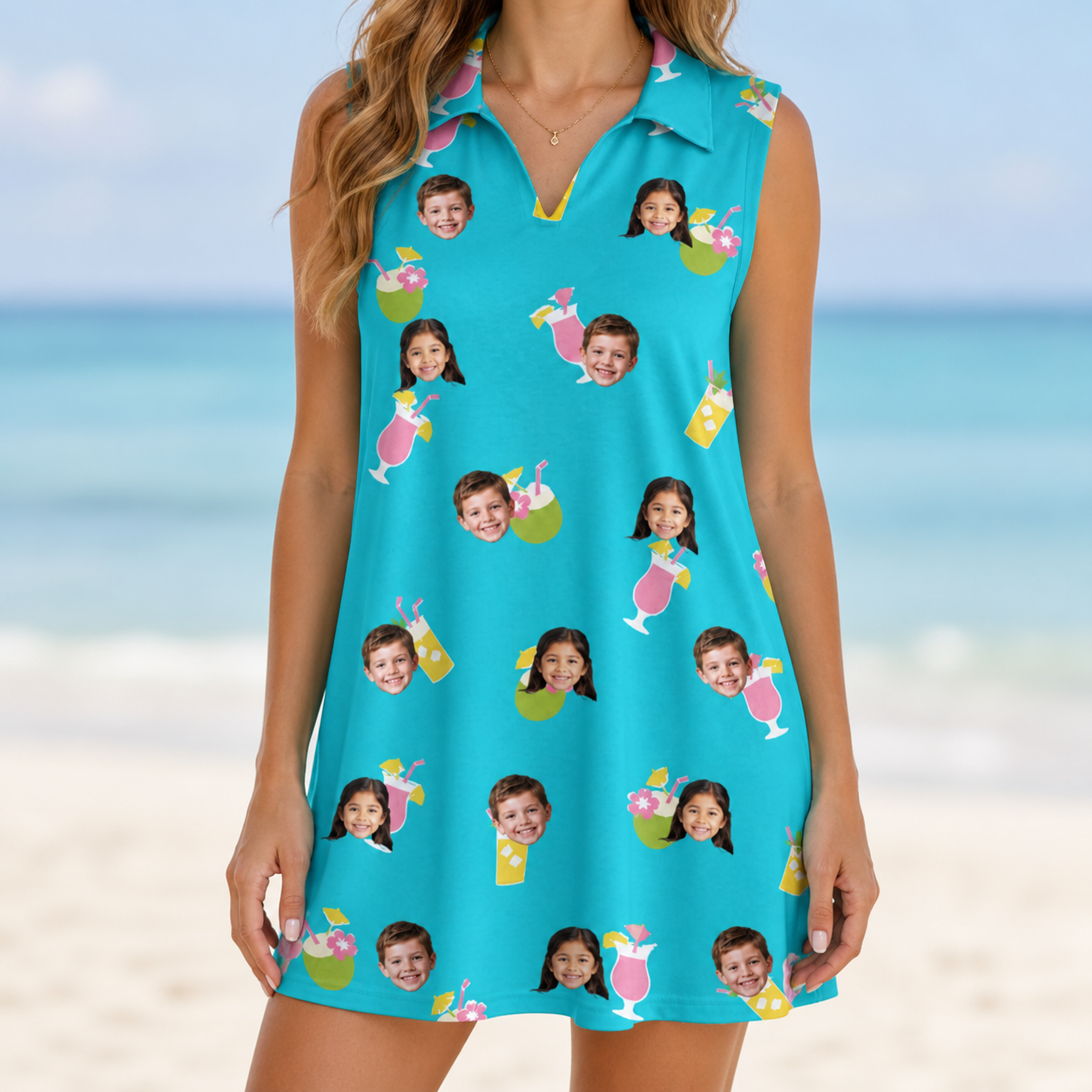 Model wearing Women's Daiquiri Darlings Custom Face V-Neck Dress printed with kids' faces