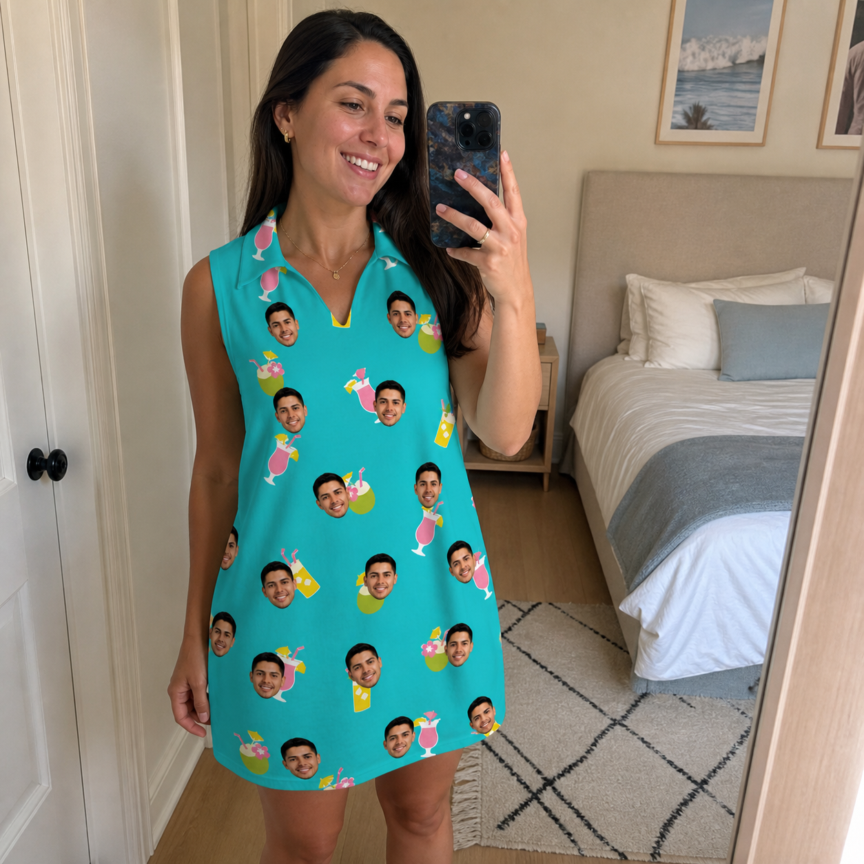 Real-life photo of someone wearing Women's Daiquiri Darlings Custom Face V-Neck Dress — custom faces printed all-over