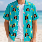 Man wearing Men's Daiquiri Darlings Custom Face Hawaiian Shirt open over a white tee