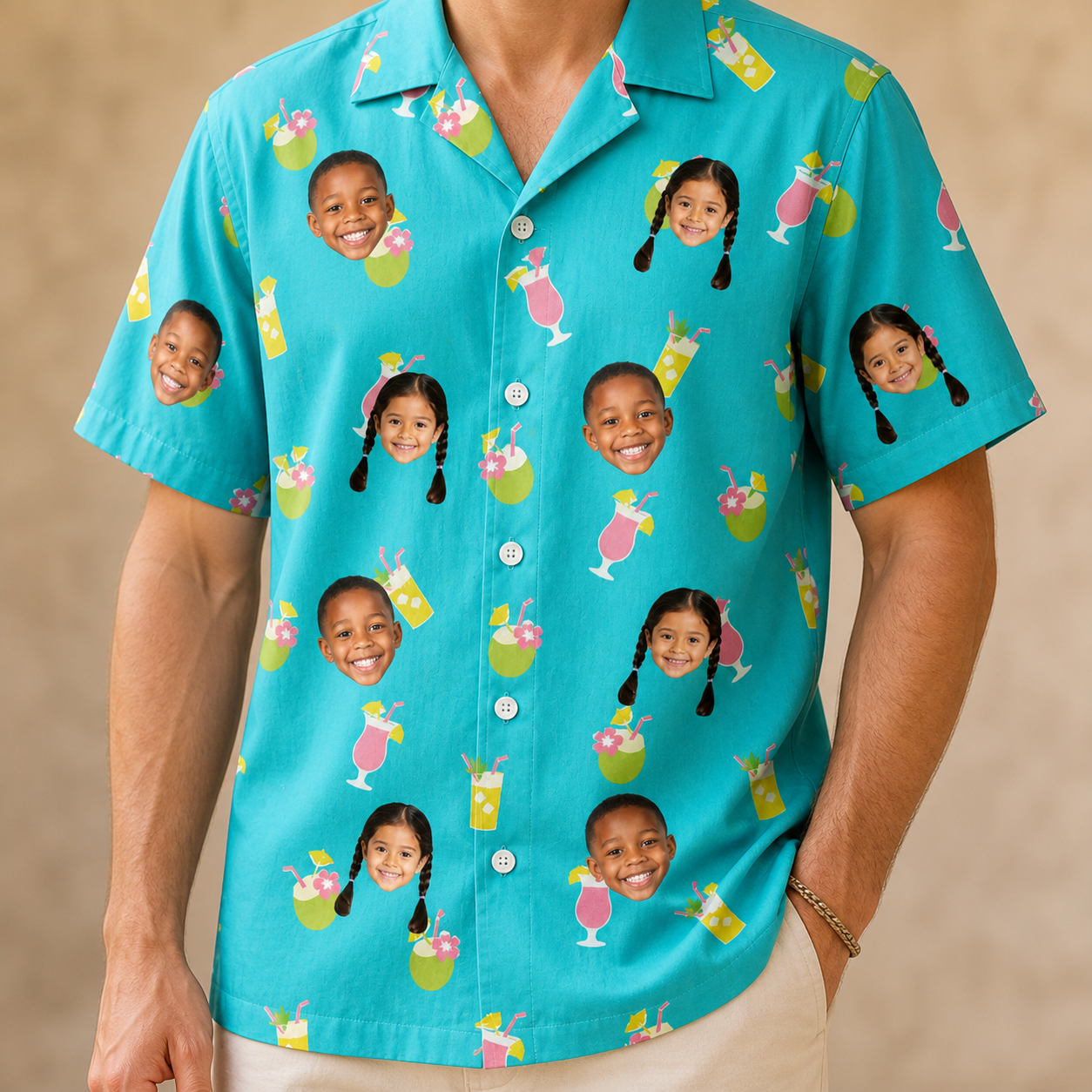 Model wearing Men's Daiquiri Darlings Custom Face Hawaiian Shirt printed with kids' faces