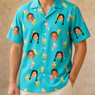 Model wearing Men's Daiquiri Darlings Custom Face Hawaiian Shirt printed with kids' faces