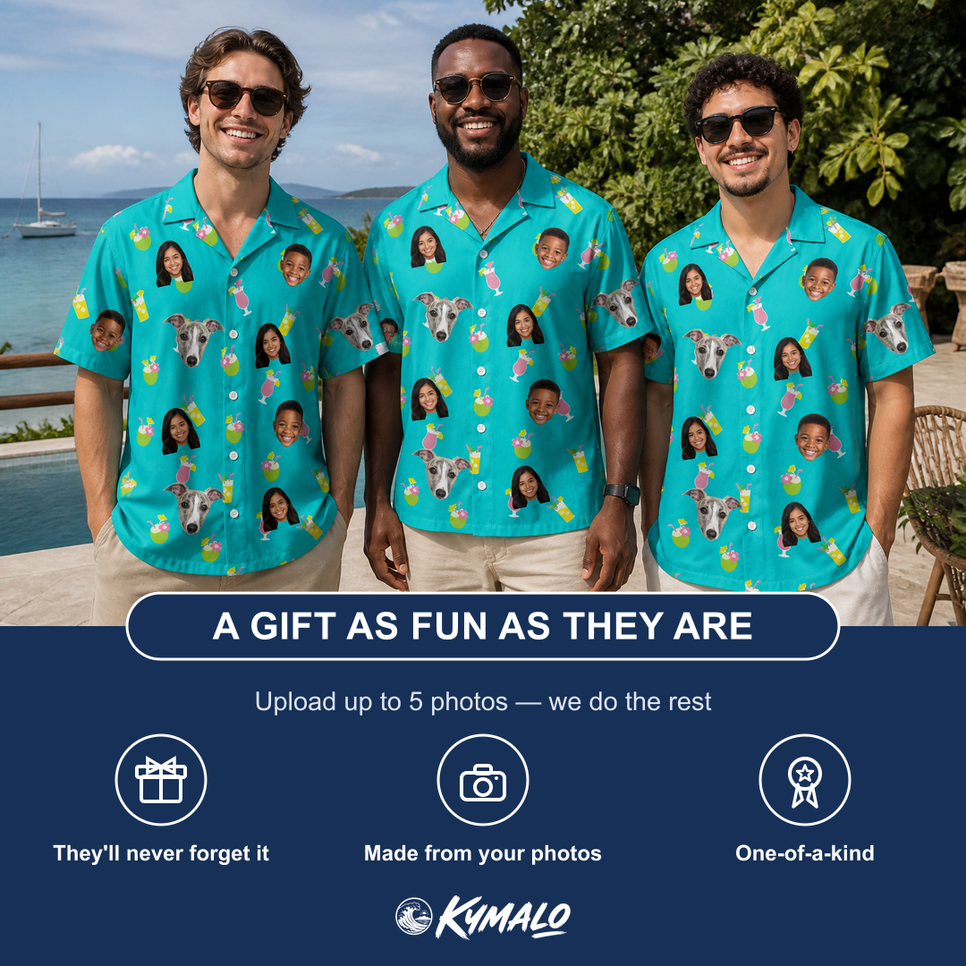 Friends in matching Men's Daiquiri Darlings Custom Face Hawaiian Shirt — a group gift photo