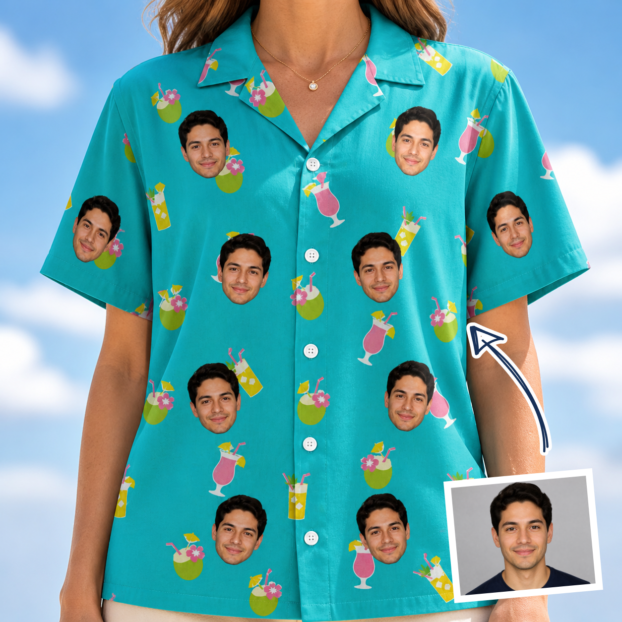 Woman wearing Women's Daiquiri Darlings Custom Face Hawaiian Shirt — custom faces printed all-over