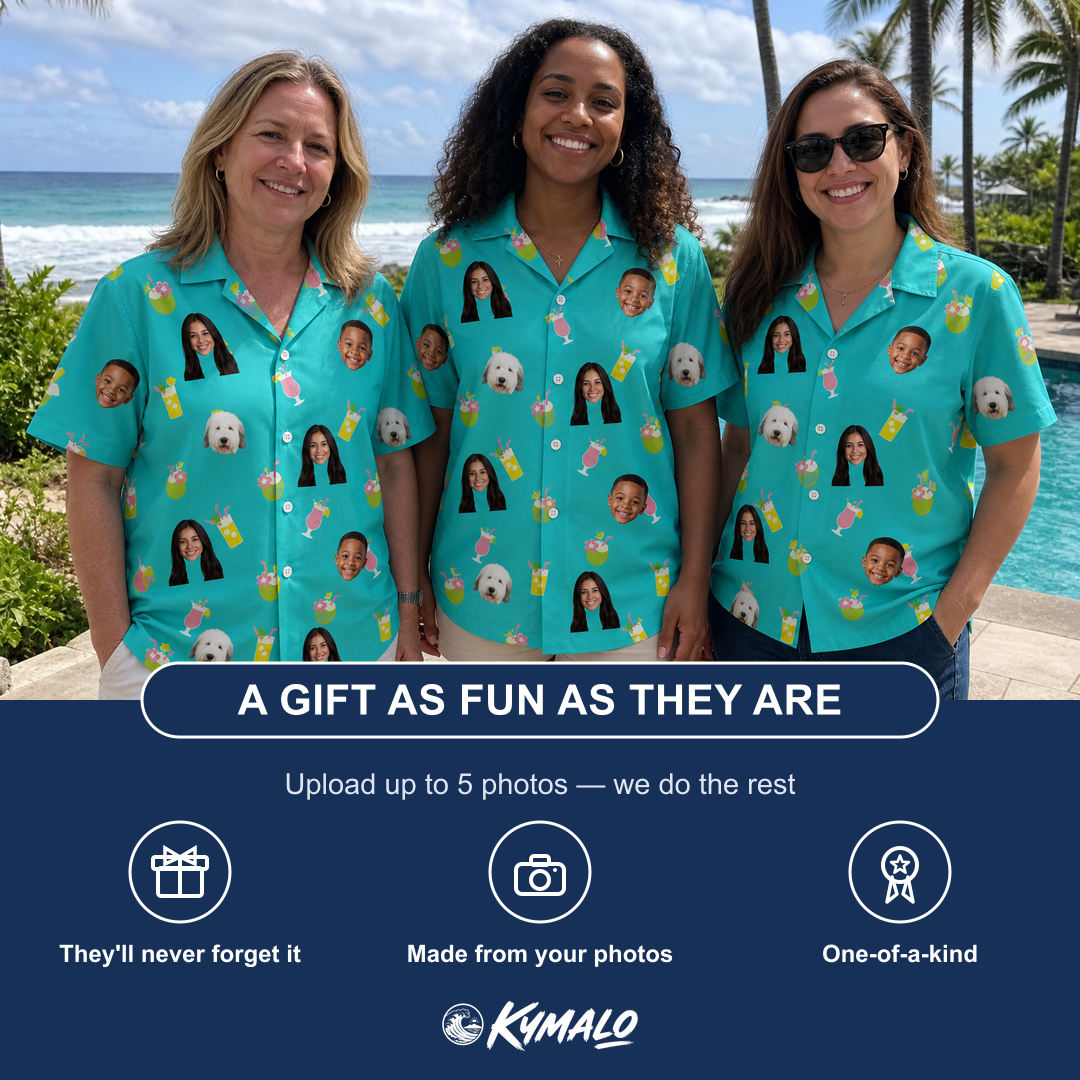Friends in matching Women's Daiquiri Darlings Custom Face Hawaiian Shirt — a group gift photo