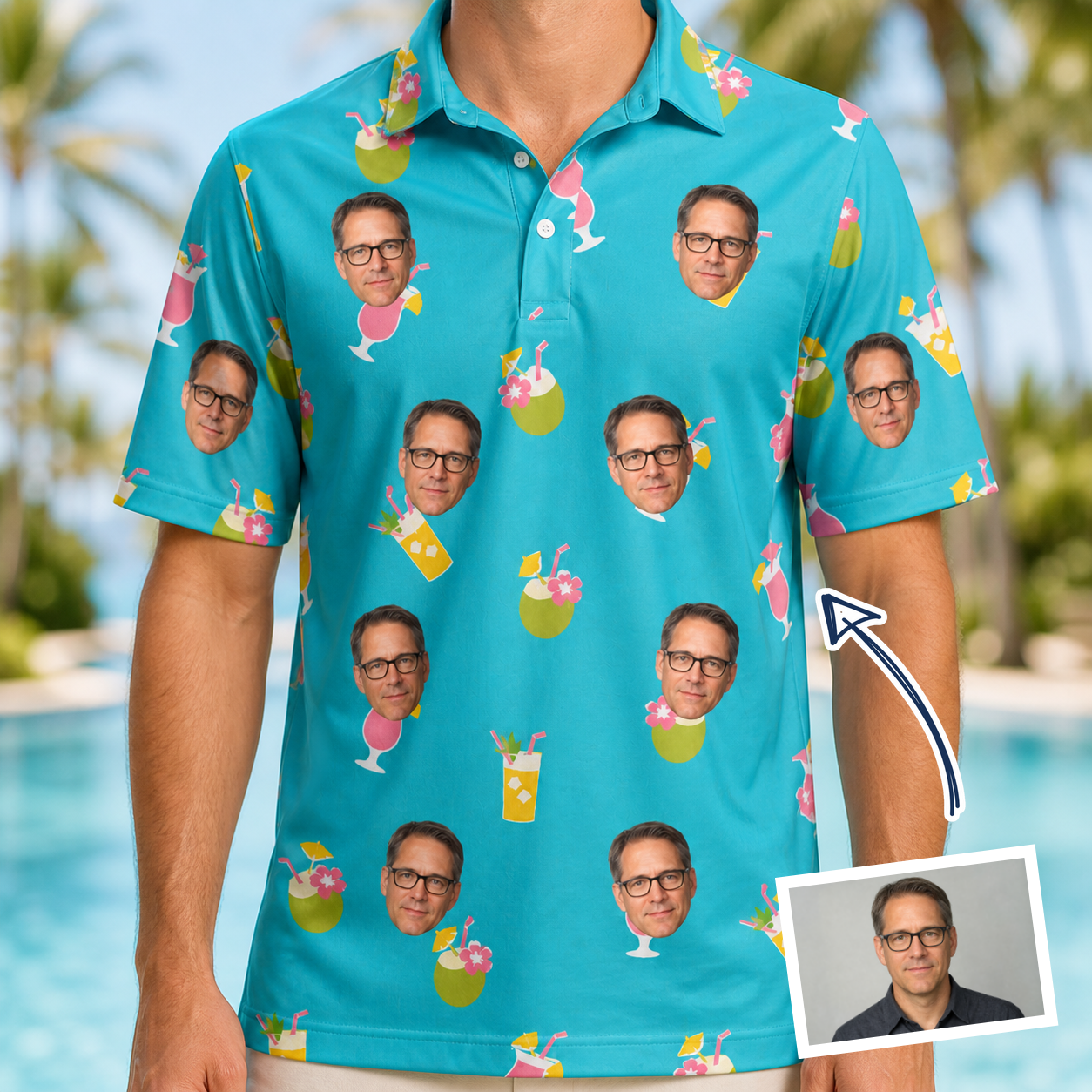 Man wearing Men's Daiquiri Darlings Custom Face Polo Shirt — custom faces printed all-over