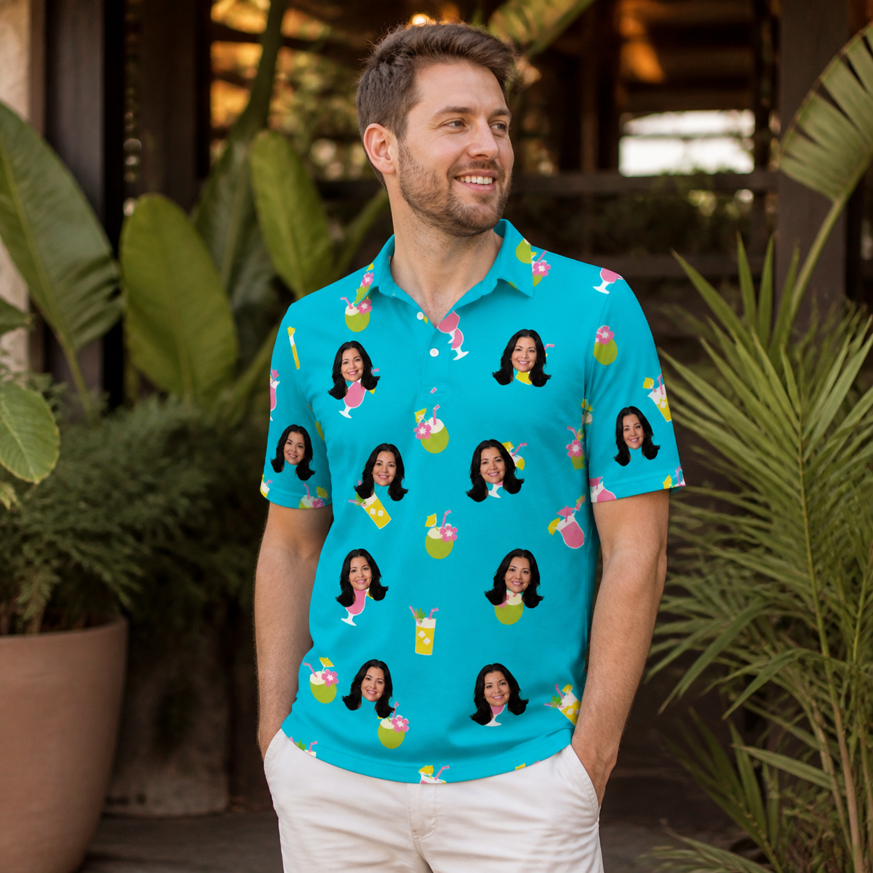 Real-life photo of someone wearing Men's Daiquiri Darlings Custom Face Polo Shirt — custom faces printed all-over
