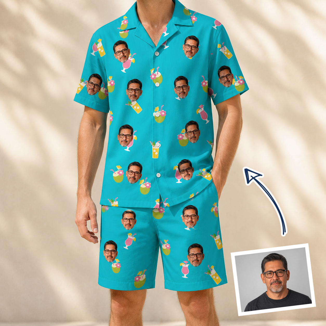 Man wearing Men's Daiquiri Darlings Custom Face Shirt & Shorts Set — custom faces printed all-over