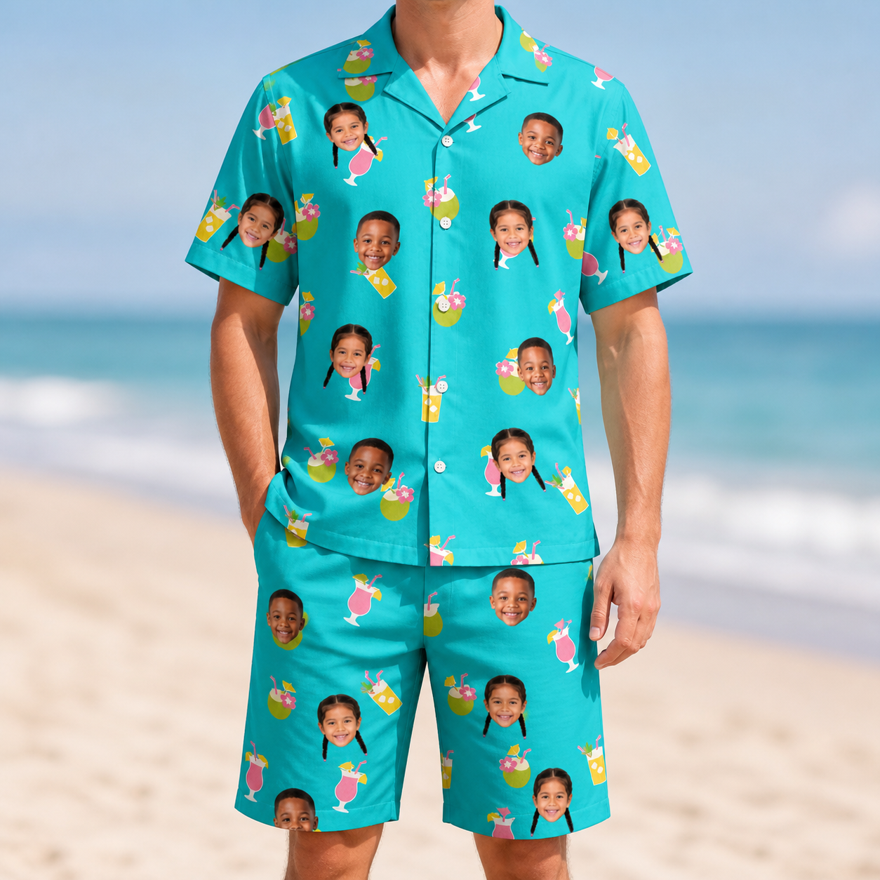 Model wearing Men's Daiquiri Darlings Custom Face Shirt & Shorts Set printed with kids' faces