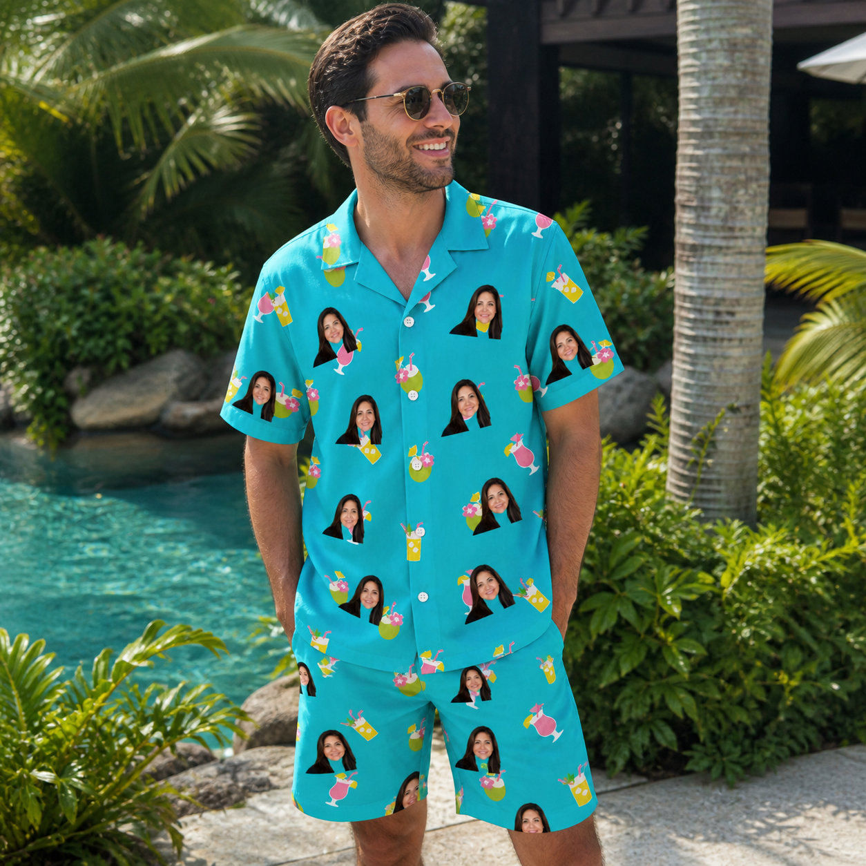 Real-life photo of someone wearing Men's Daiquiri Darlings Custom Face Shirt & Shorts Set — custom faces printed all-over