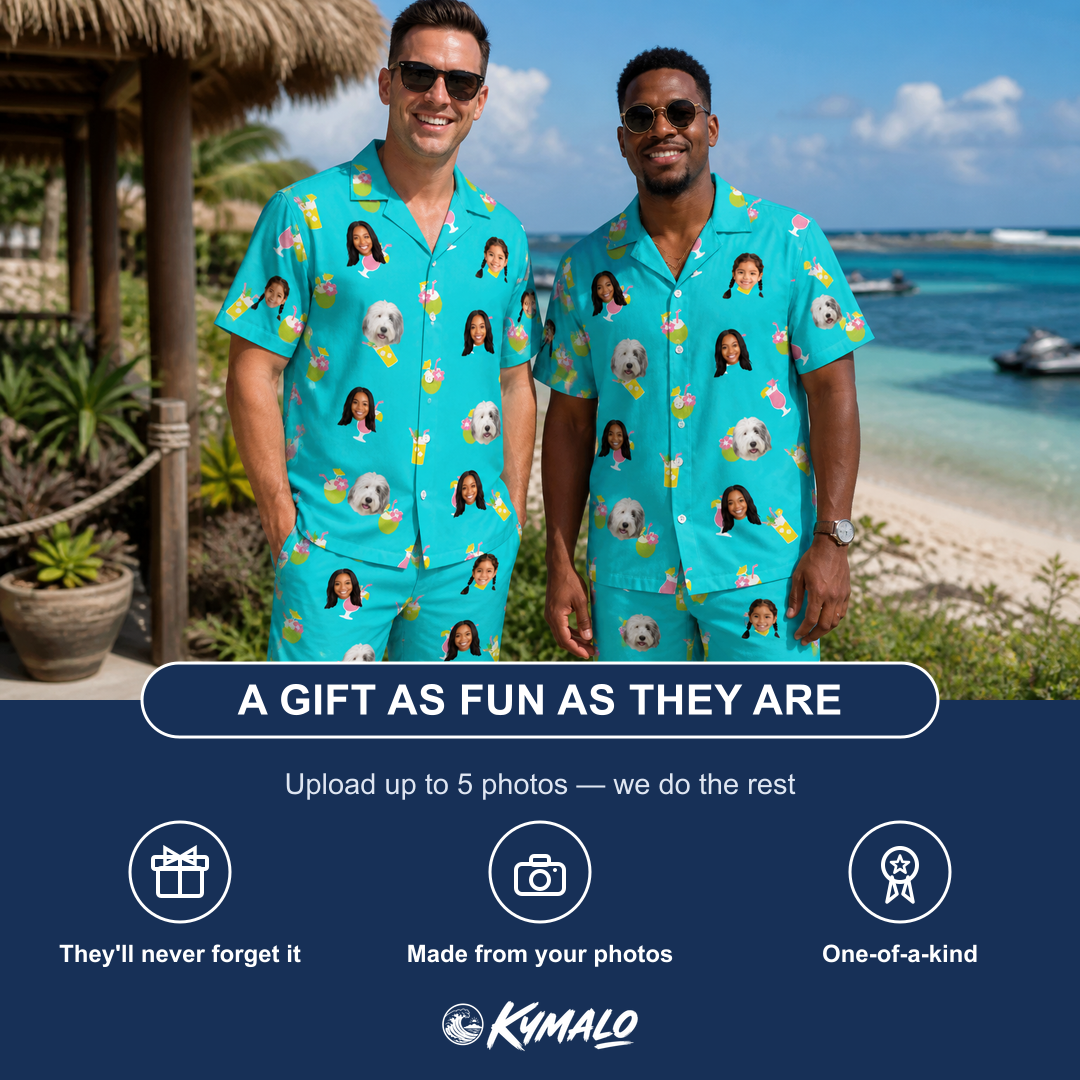Friends in matching Men's Daiquiri Darlings Custom Face Shirt & Shorts Set — a group gift photo