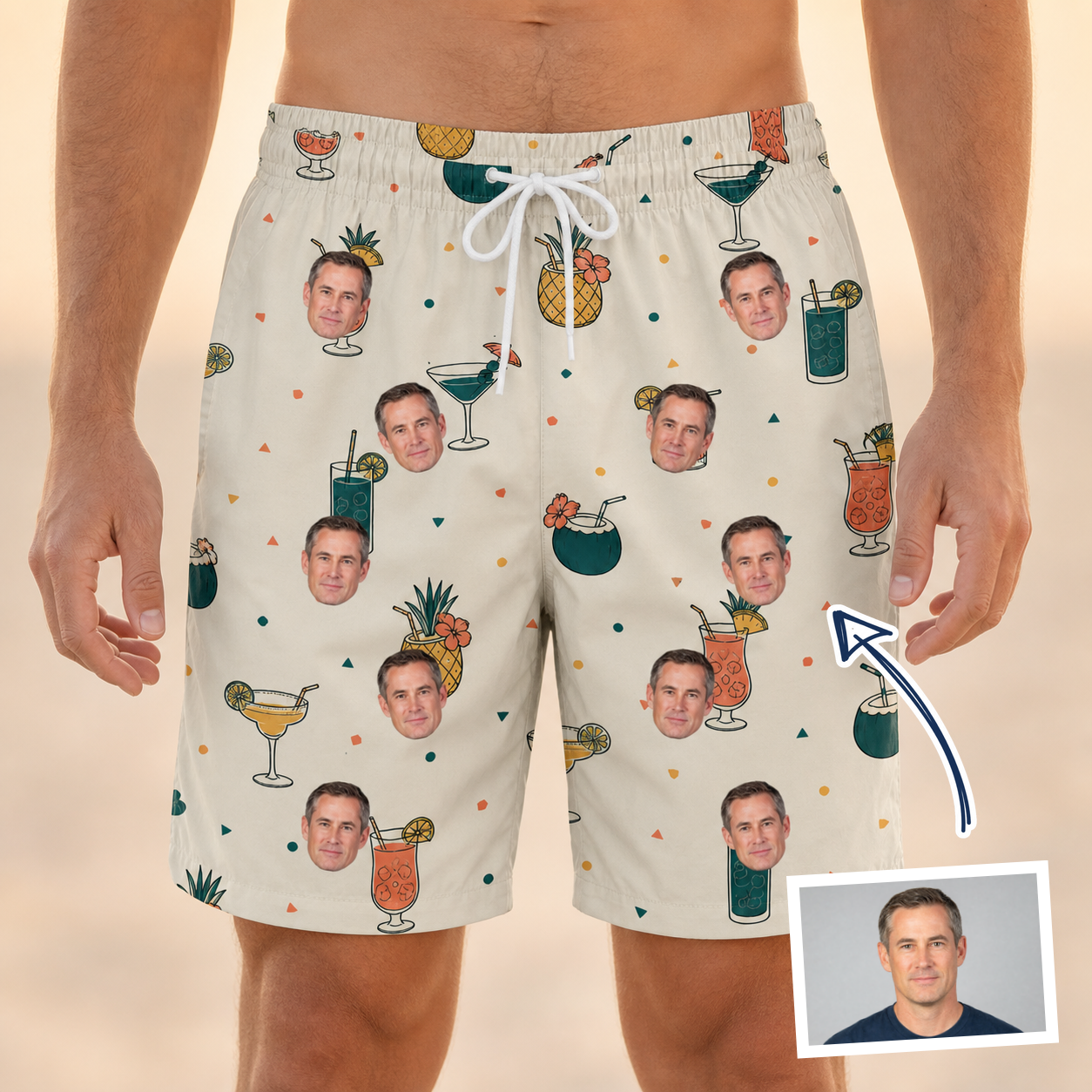 Man wearing Men's Mango Matrimony Custom Face Beach Shorts — custom faces printed all-over